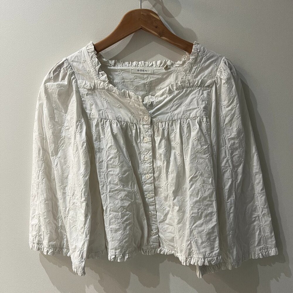 Doen Lunaria Embroidered Swiss Dot Blouse, White, XS